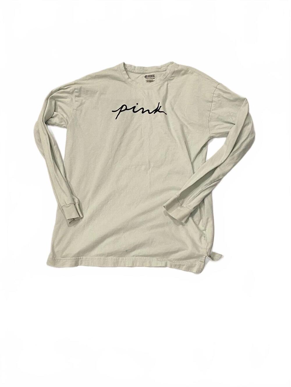PINK Long Sleeve Crew Neck Shirt - Light Beige with Black Script Logo